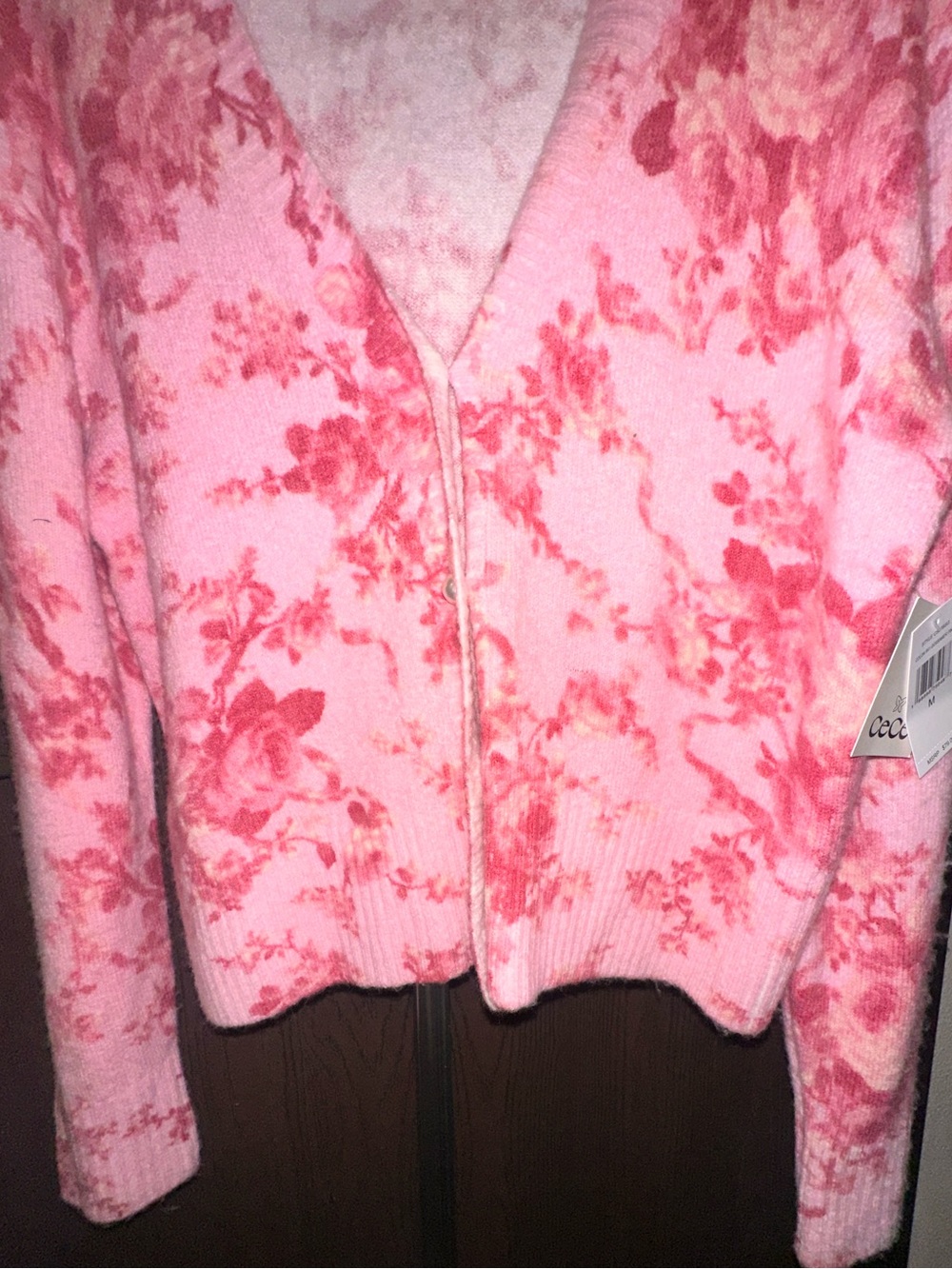 CeCe Pink Floral V-Neck Button Cardigan